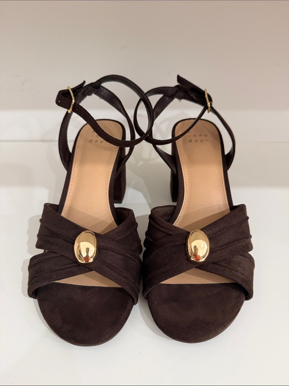 a new day Dark Brown Suede Block Heel Sandals with Gold Accent